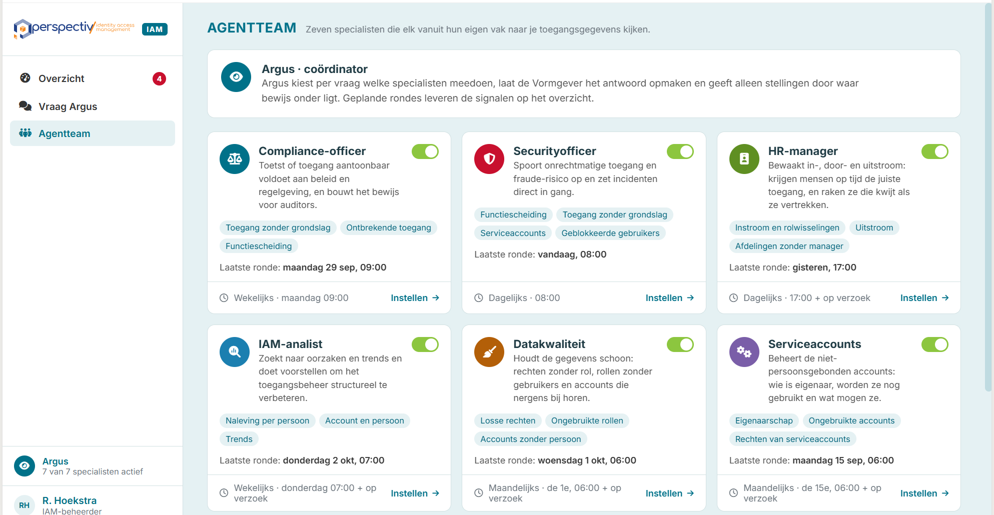 Het agententeam van Perspectiv: zeven specialisten onder leiding van de coördinator Argus