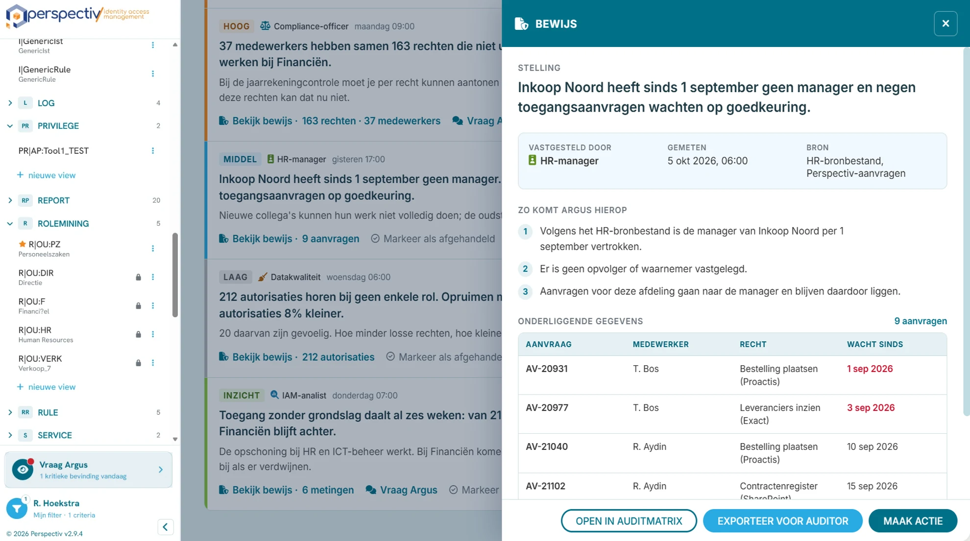 Overzicht van het agententeam in P/Aanvraag: Inkoop Noord heeft sinds 1 september geen manager en negen toegangsaanvragen wachten, met het bewijs ernaast