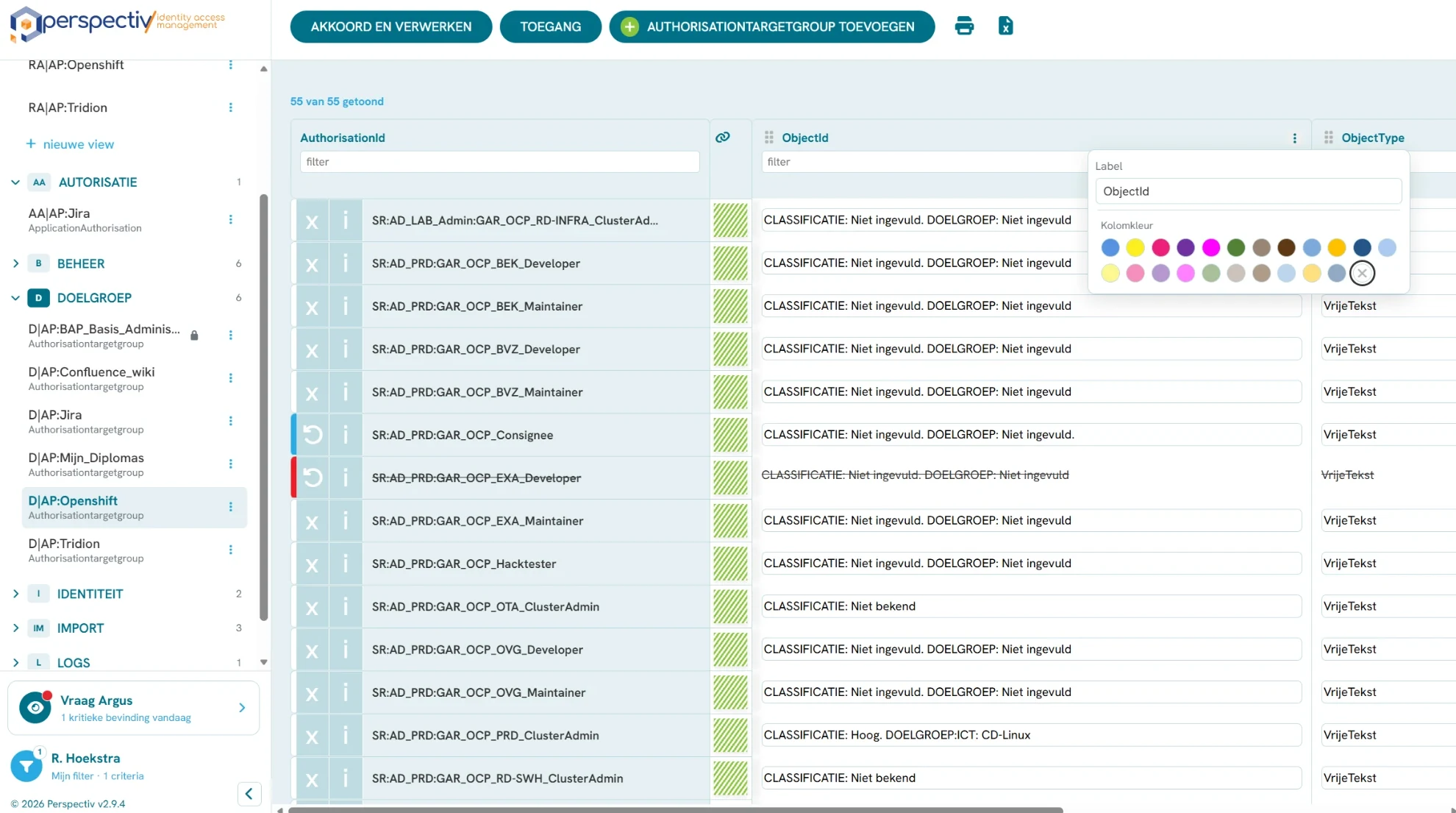 Auditweergave in P/Audit van de autorisaties van een doelgroep, met classificatie per autorisatie en de knop Akkoord en verwerken