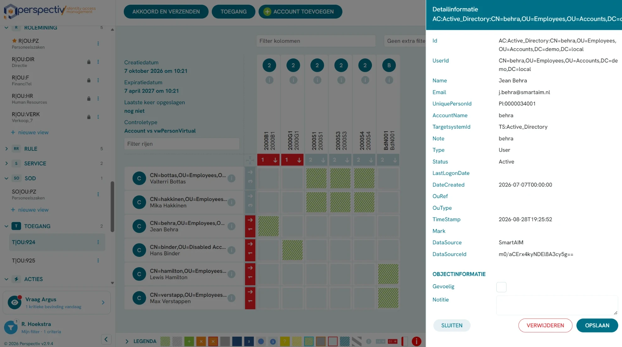 Koppelmatrix in P/Identity van accounts aan identiteiten, met de detailinformatie van een Active Directory-account