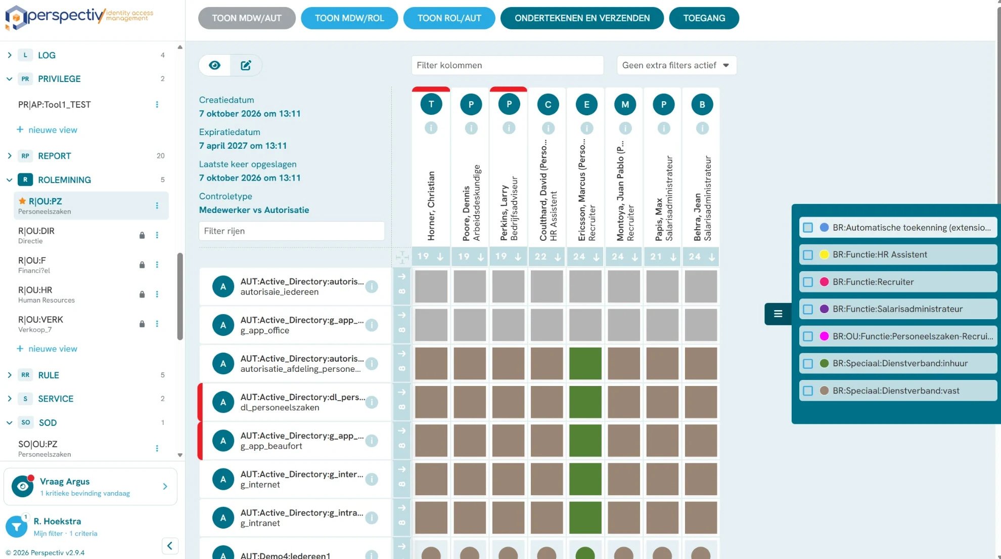 Autorisatiematrix in P/Rolemining met medewerkers, autorisaties en een zijpaneel met functierollen en dienstverbandrollen