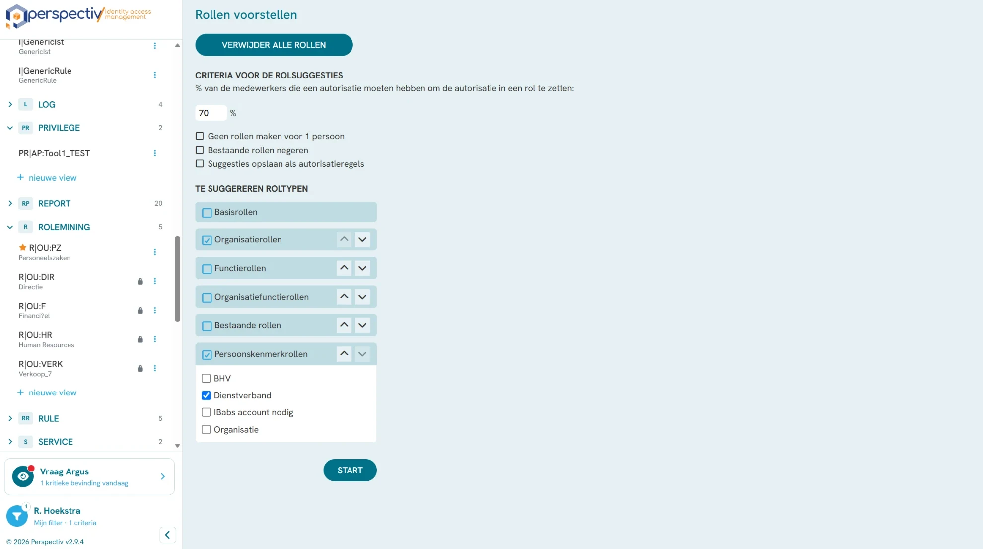 Instellingen voor rolsuggesties in P/Rolemining: het percentage medewerkers, de te suggereren roltypen en de persoonskenmerkrollen