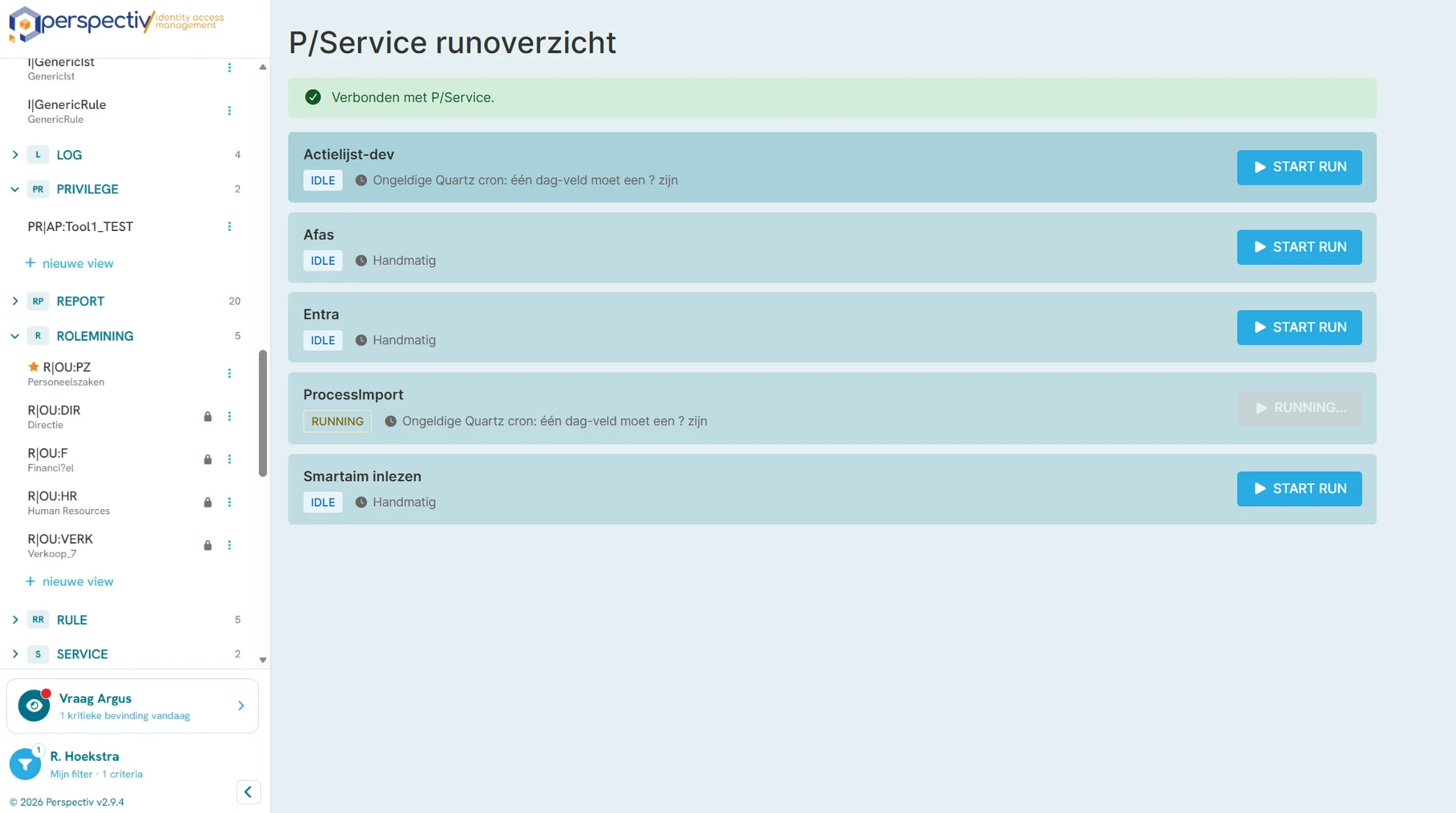 Runoverzicht van P/Service met koppelingen zoals Afas, Entra en Smartaim inlezen, hun status en de knop Start run